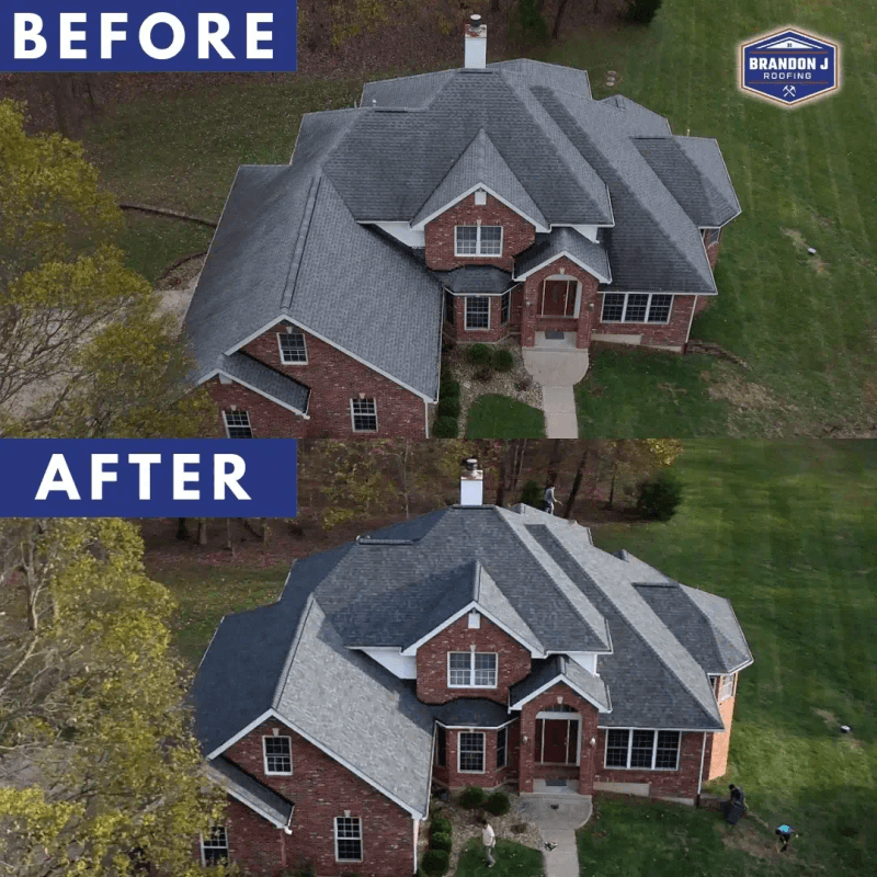 Complete roof renovation project in Chesterfield, Missouri showing dramatic before and after transformation with GAF Timberline HD shingles